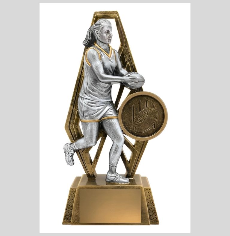 Trophy featuring a female Aussie Rules player in action pose with a modern gold and bronze design.