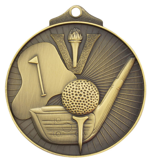 Front view of gold golf medal